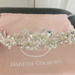 Dareth Colburn Giovanna floral tiara with crystal gemstones and pink pearls